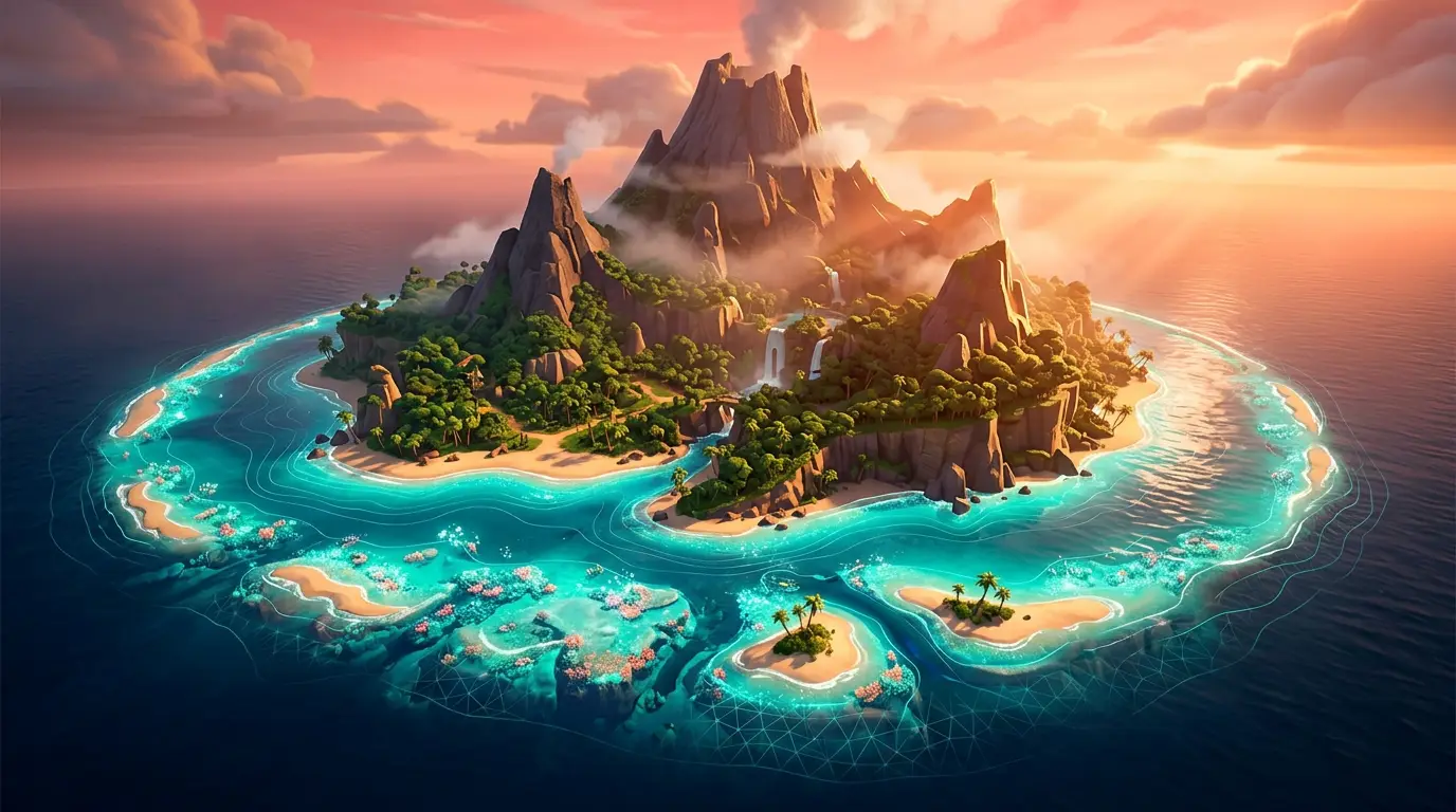 Stylised volcanic island ringed by a glowing lagoon, rendered as game key art