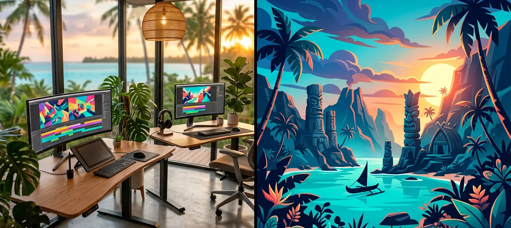 Inside the HUAHINE studio: two desks with large monitors, drawing tablets, plants and a view over the lagoon at sunset