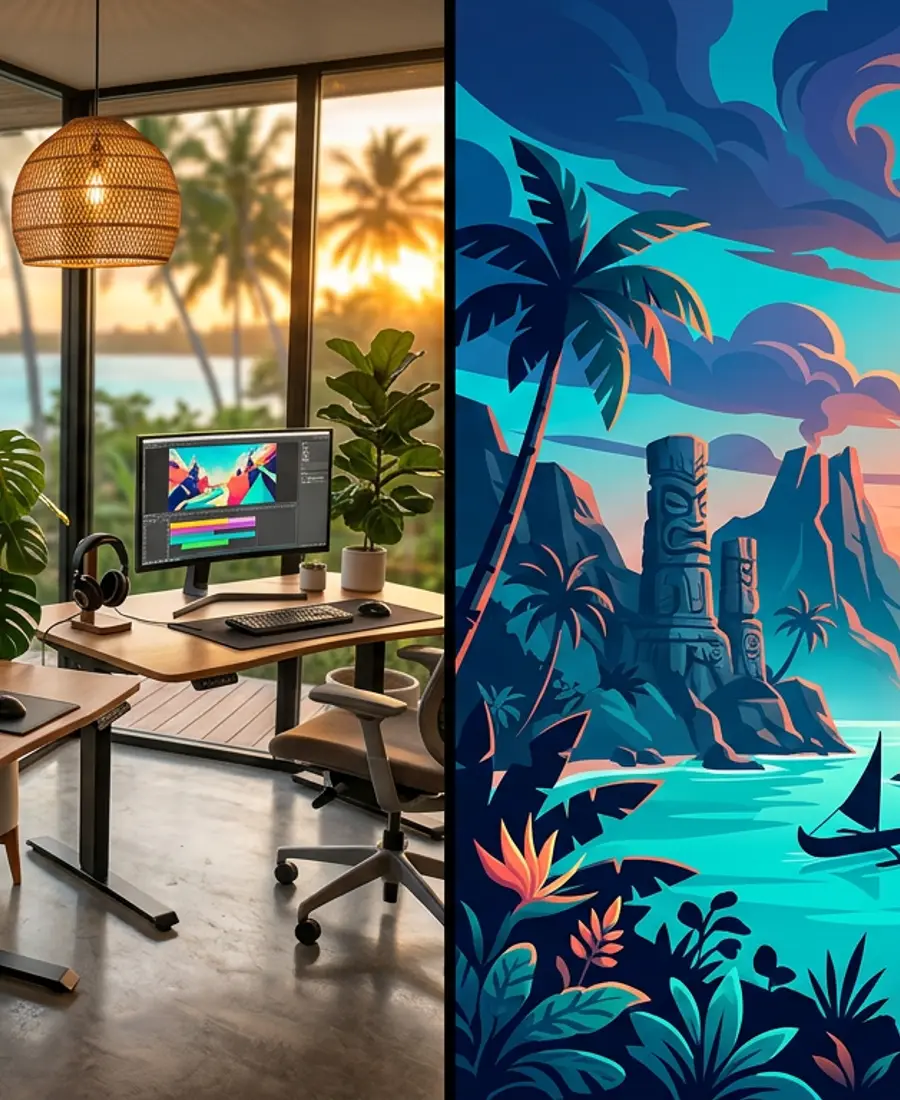 The HUAHINE studio: desks, monitors showing game art, tropical plants and a lagoon beyond the windows